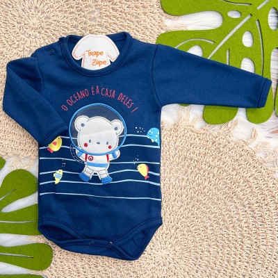 Kit 3 Peças - Bodys Manga Longa Ursinhos Friends - Off White, Marinho e Azul Bebê